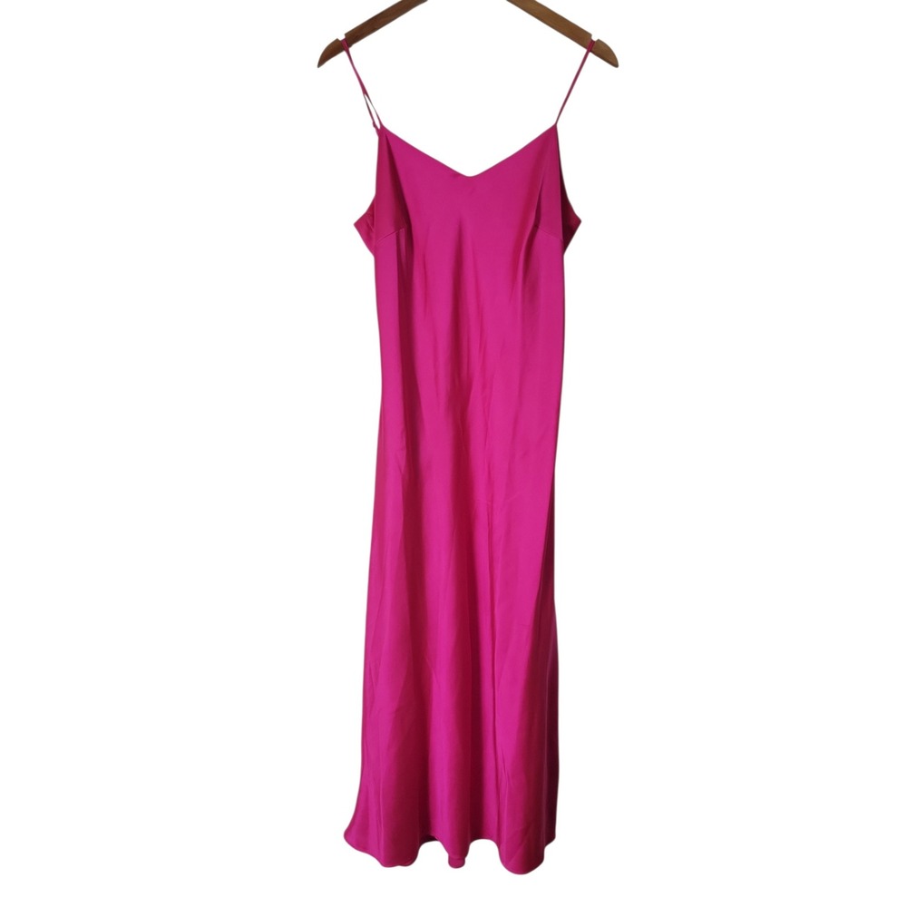 Scoop Hot Pink Satin Midi Slip Dress V-Neck Spaghetti Strap Womens Size M 8-10